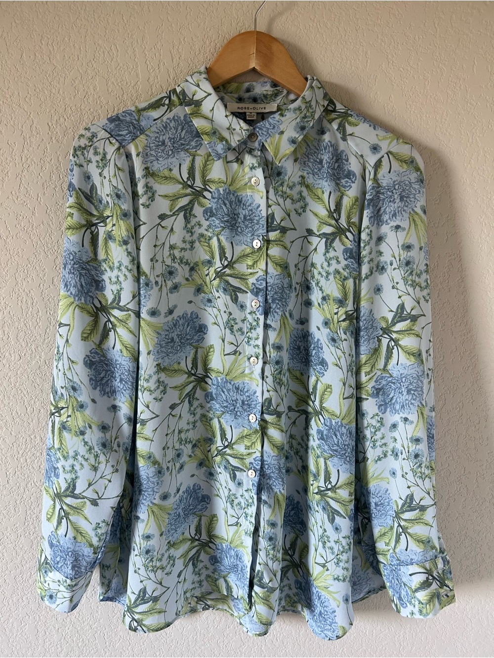Rose + Olive Floral Print Chiffon Long Sleeve Dress Blouse Size M Blue Green